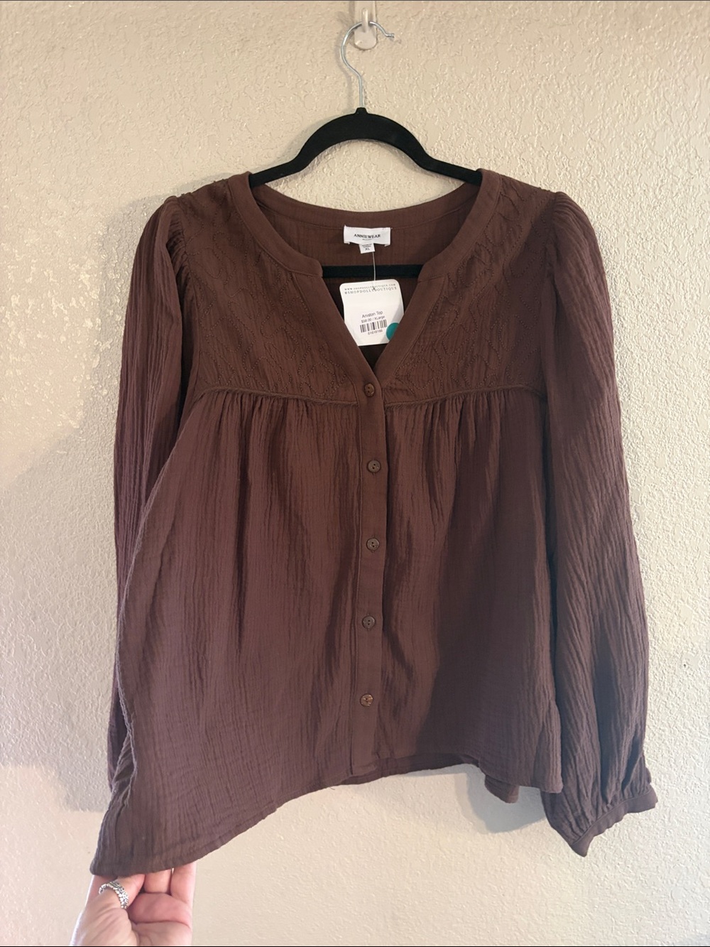 🤎NWT Anniewear “Aniston Top” 💯% Cotton🙌🏻 Button-Down w/Embroidery Chocolate🍫 XL - Picture 9 of 11